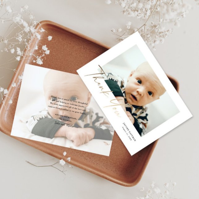 Elegant guldskrift babyfoto tack kort (Skapare uppladdad)