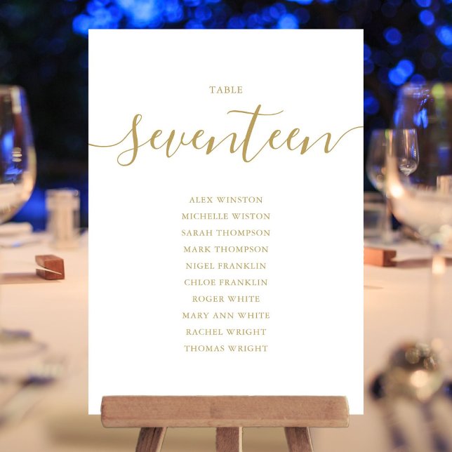 Elegant Guldskrift Bord Nummer 17 Placeringsplan Inbjudningar (Elegant Gold Script Table Number 17 Seating Chart)