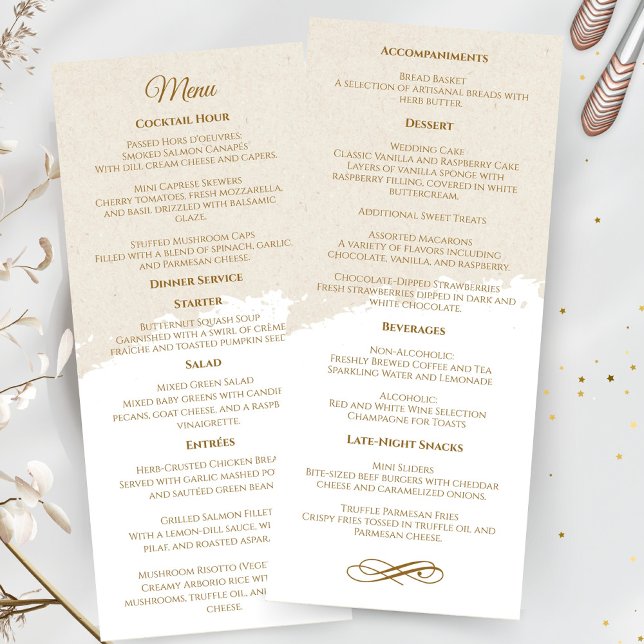 Elegant guldskrift bröllopsmeny program (elegant gold script wedding menu)