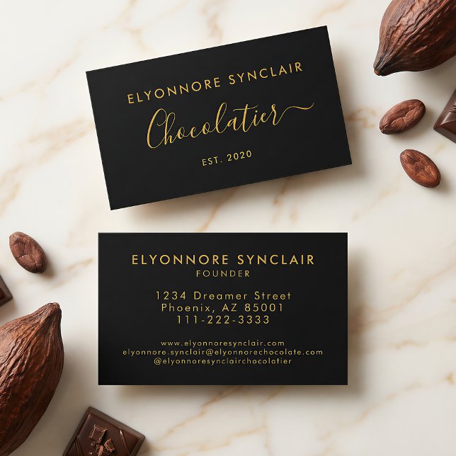 Elegant guldskrift Chocolatier-varumärke Svart Visitkort (Skapare uppladdad)