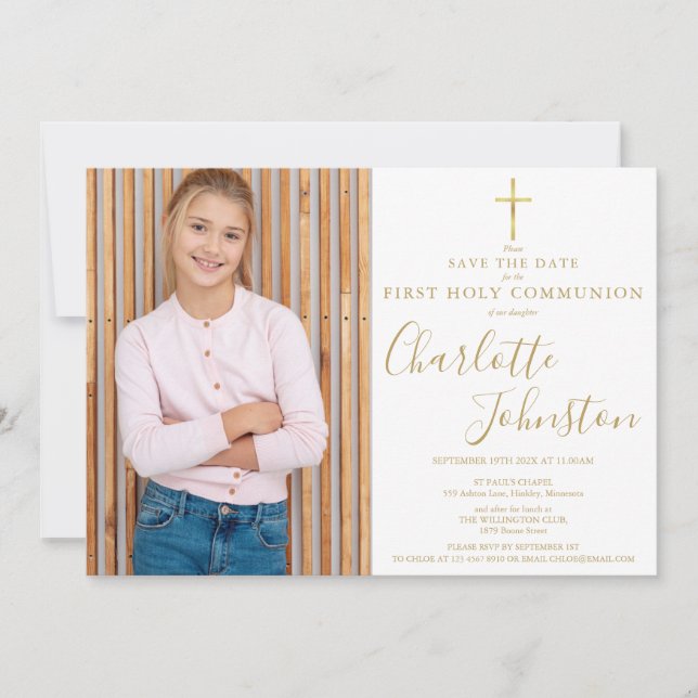 Elegant guldskrift Första nattvarden Foto Spara Datumet (Framsida)