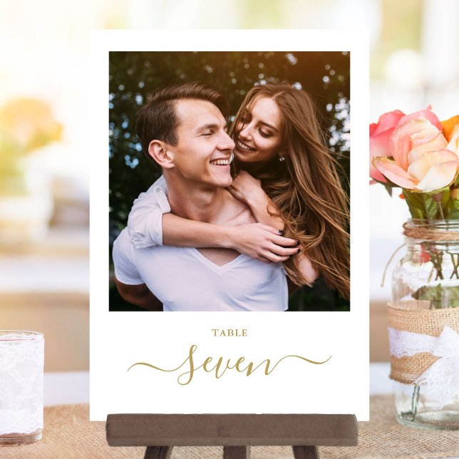 Elegant guldskrift foto bordskort (Gold Elegant Script Photo Table Number)
