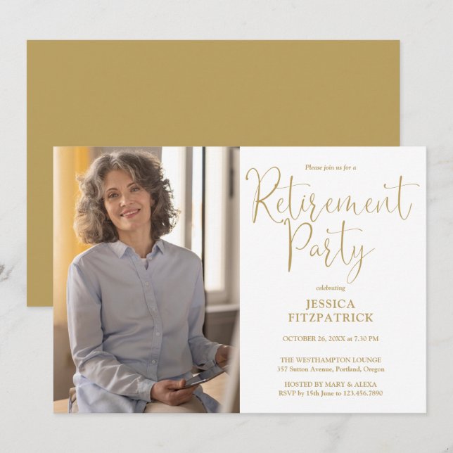 Elegant guldskrift fotofest för pensionering inbjudningar (Fram/baksida)