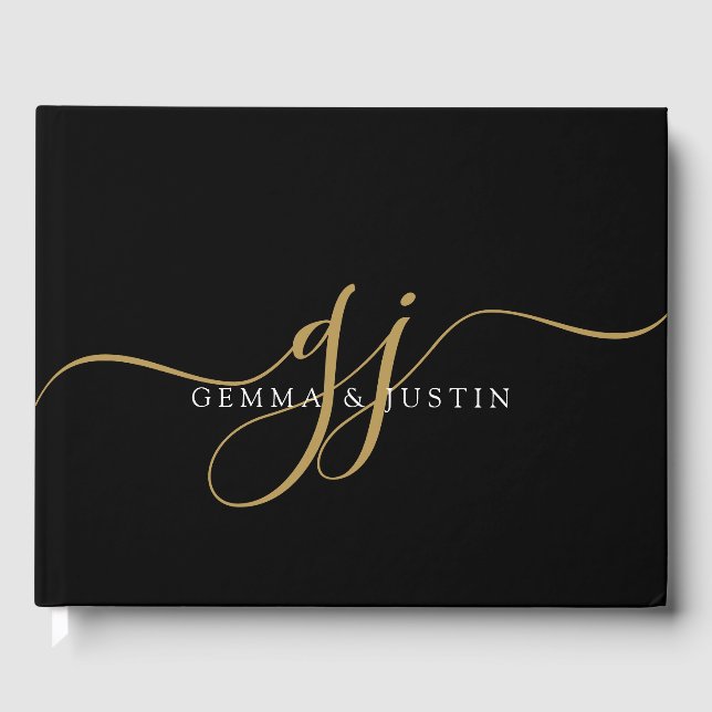 Elegant guldskrift initialer namnmonogram svart gästböcker (Framsida)