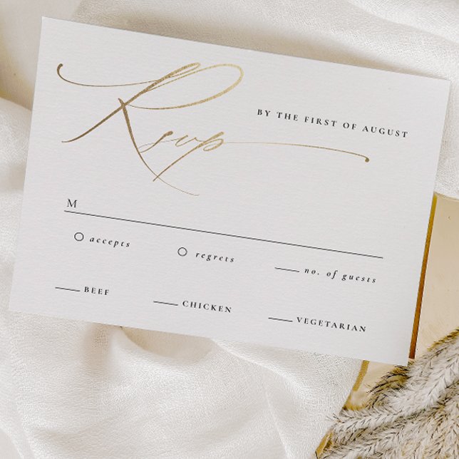 Elegant guldskrift svart-vit bröllop OSA kort (Elegant gold script wedding rsvp cards.)
