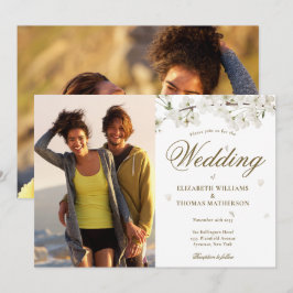 Elegant guldskrift vit blom 2 foto inbjudningar