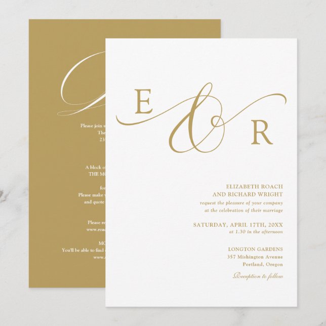 Elegant guldskriftmonogram Allt-i-ett bröllop Inbjudningar (Fram/baksida)