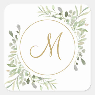 Elegant guldskriftmonogram grönska fyrkantigt klistermärke