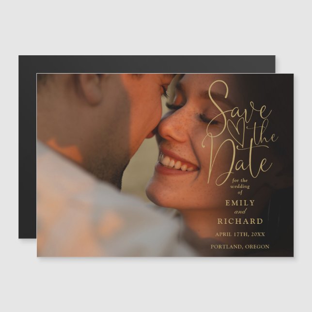 Elegant guldskript fotobryllop Save The Date Magnetisk Inbjudningskort (Fram/baksida)