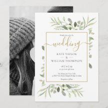 Elegant Guldskript Grönska Blad Foto Bröllop 