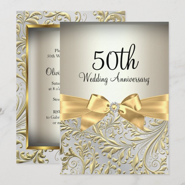 Elegant guldslinga & blomvirvel 50-årsjubileum inbjudningar (Fram/baksida)