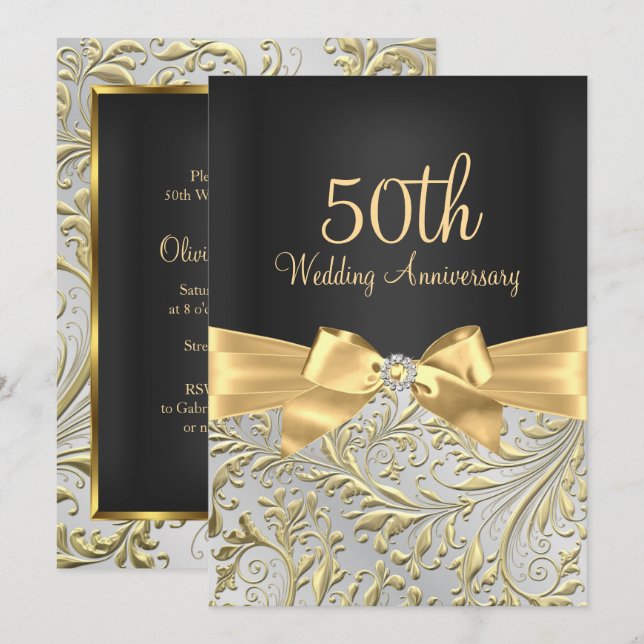 Elegant guldslinga & blomvirvel 50-årsjubileum inbjudningar (Fram/baksida)