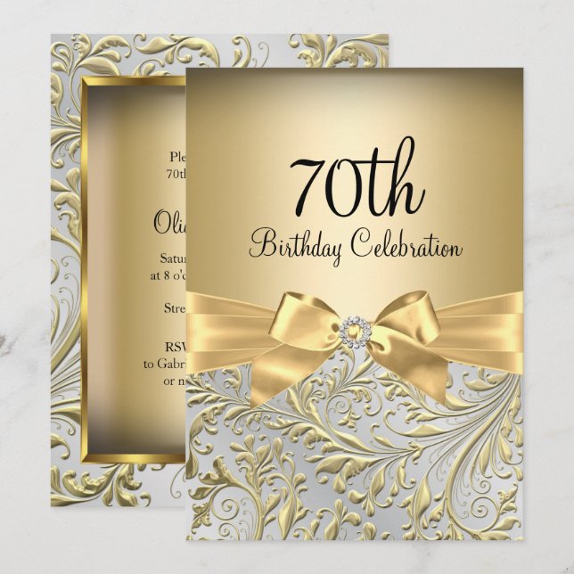 Elegant guldslinga blomvirvel 70-års födelsedagsfe inbjudningar (Fram/baksida)