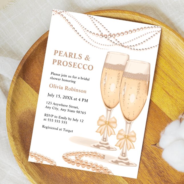Elegant guldslinga pärlor och Prosecco bröllopsdus Inbjudningar (Elegant Gold Bow Pearls and Prosecco Bridal Shower Invitation )