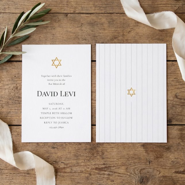 Elegant guldstjärna av David minimalistisk Bar Mit Inbjudningar (Modern Bar Mitzvah Invitation Idea | Minimalist David Levi Design)