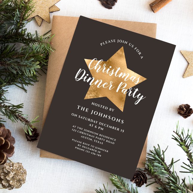 Elegant guldstjärna jul middagsfest inbjudningar (Elegant Brown Gold Star Christmas Dinner Party Invitation)