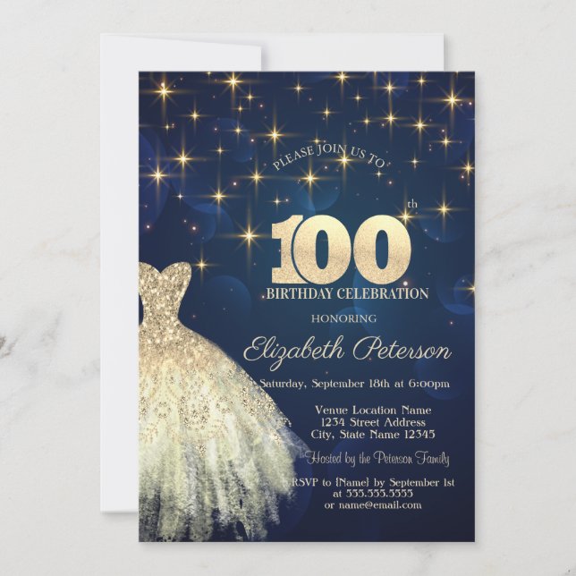 Elegant guldstjärnor klänning marinblå 100-årsdag inbjudningar (Framsida)