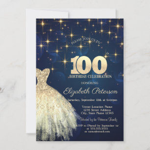 Elegant guldstjärnor klänning marinblå 100-årsdag inbjudningar