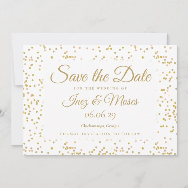 Elegant guldstoftkonfetti Chic Script Bröllop Spara Datumet (Framsida)