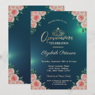 Elegant guldtiara blommande rosor Quinceañera Inbjudningar