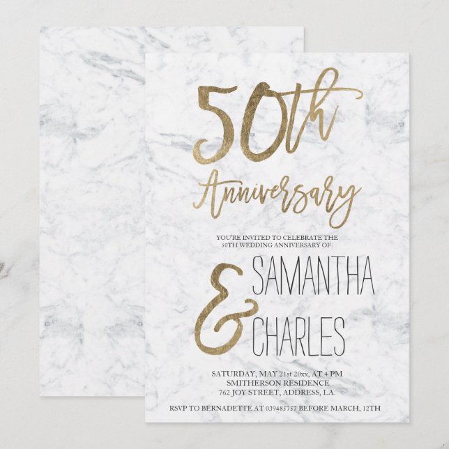 Elegant guldtypografi vit marmor 50-årsjubileum inbjudningar (Fram/baksida)