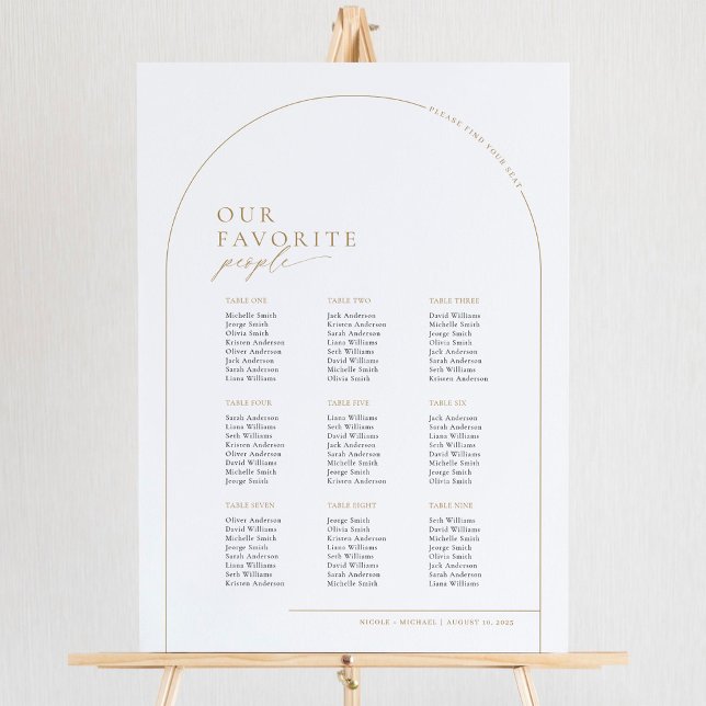 Elegant guldvalv 9 bord Välkomst sittplatskarta Poster (Audrey | Modern Elegant Arch Wedding Seating Chart Poster)