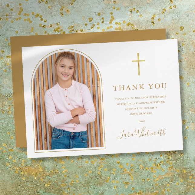 Elegant guldvalv för första nattvarden tack kort (Elegant Gold Arch First Holy Communion Thank You Card)
