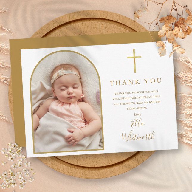 Elegant guldvalv fotoundertecknad dopskript tack kort (Elegant Gold Arch Photo Signature Script Baptism Thank You Card)