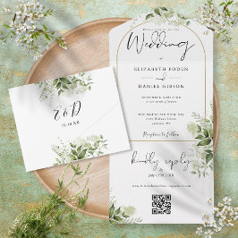 Elegant guldvalv grönska blomster QR-kod bröllop