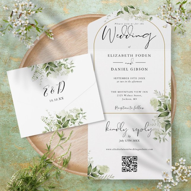 Elegant guldvalv grönska blomster QR-kod bröllop (Skapare uppladdad)