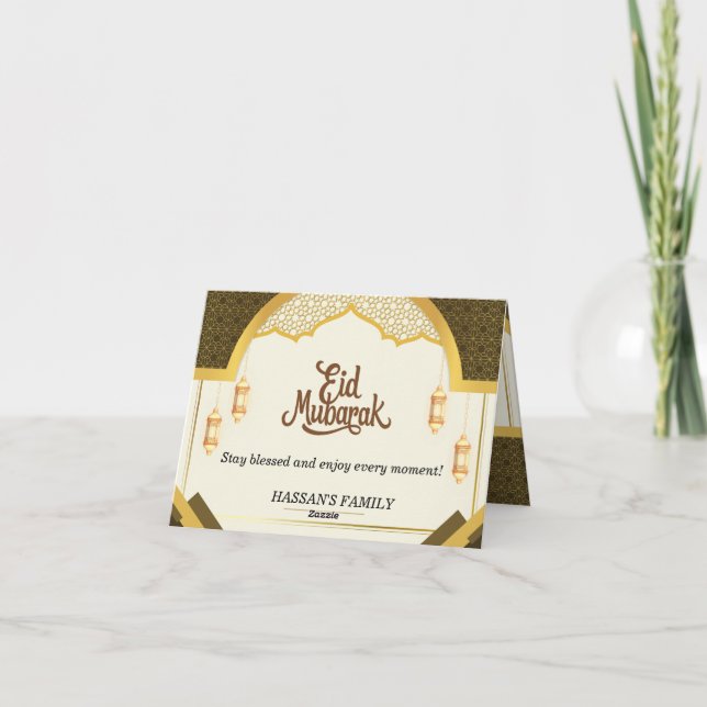 Elegant guldvalv och lyktor Eid Mubarak  Tack Kort (Baksida)