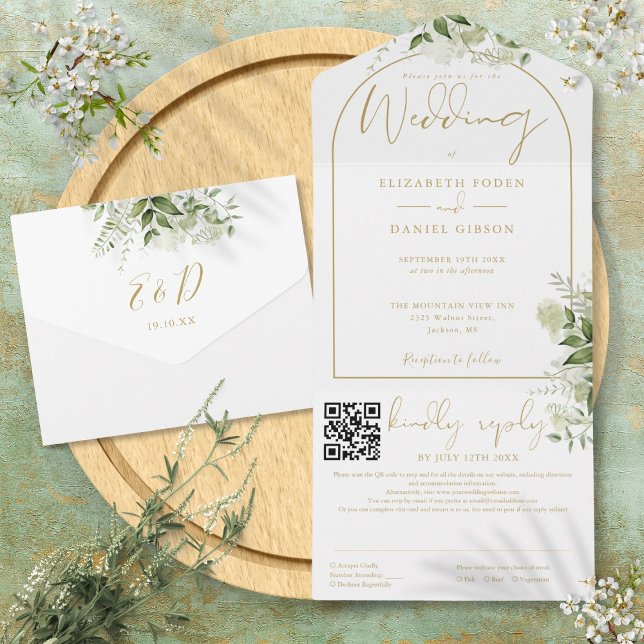 Elegant guldvalv QR-kod grönska bröllop (Elegant Gold Arch QR Code Greenery Wedding All In One Invitation)