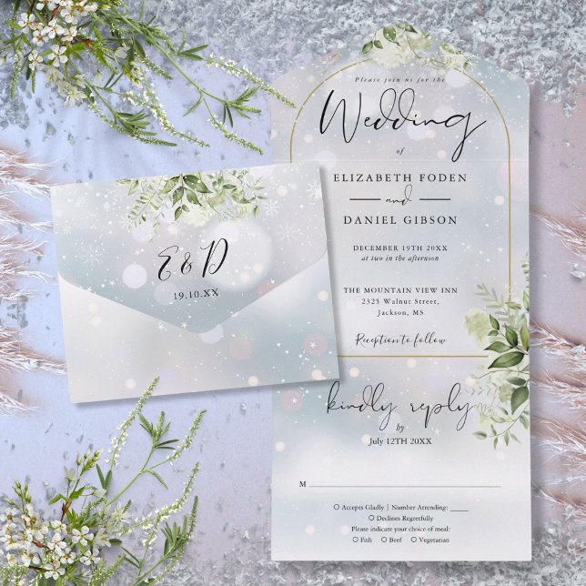 Elegant guldvalv vintergrönska bröllop (Elegant Gold Arch Winter Greenery Wedding All In One Invitation)