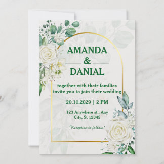 Elegant guldvalv vit ros blomsterlig bröllopsinbju inbjudningar