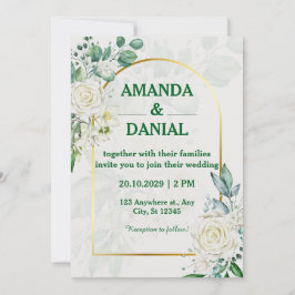Elegant guldvalv vit ros blomsterlig vigselinbjuda inbjudningar