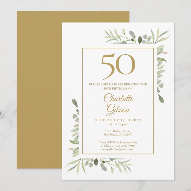 Elegant guldvattenfärg grönska 50-årsdag inbjudningar (Fram/baksida)