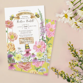 Elegant Gult Bee and Wildblomma Baby Shower Inbjudningar