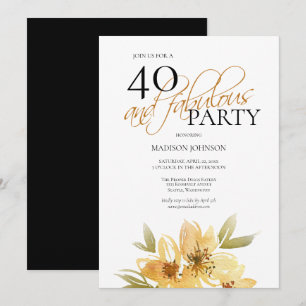 Elegant Gult Blommigt 40 och Fabulous Birthday Inbjudningar