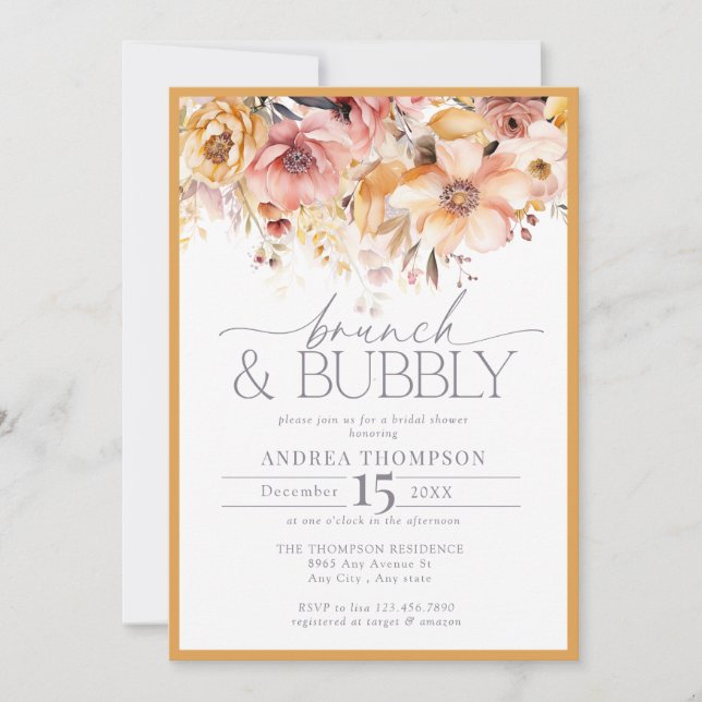 Elegant Gult Blommigt Brunch & Bubly Inbjudningar (Framsida)