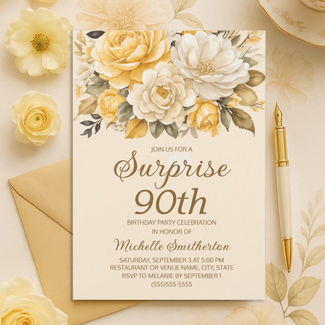 Elegant Gult Blommigt för elfenben av Cream Överra Inbjudningar (Yellow and cream floral 90th birthday invitation)