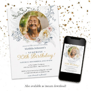 Elegant Gult Blommigt Photo Surprise 90:e Birthday Inbjudningar