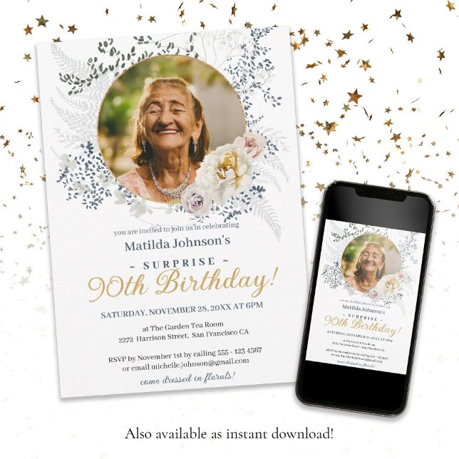 Elegant Gult Blommigt Photo Surprise 90:e Birthday Inbjudningar (Surprise 90th Birthday Elegant Yellow Floral Photo Invitation)