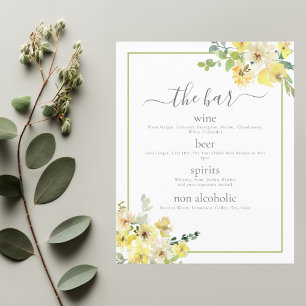 Elegant Gult Blommigt Sage Grönt Bröllop Pub Menu
