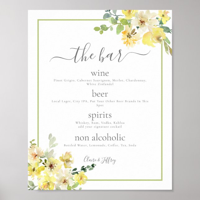 Elegant Gult Blommigt Sage Grönt Bröllop Pub Menu Poster (Framsidan)