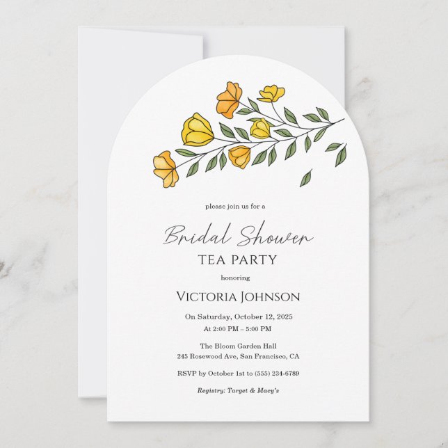 Elegant Gult Blommigt Tea Party Shower Inbjudan (Framsida)