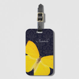 Elegant Gult Butterfly Black Damask Add Namn iP Bagagebricka