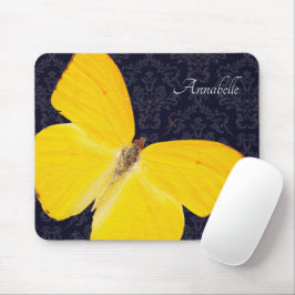 Elegant Gult Butterfly Black Damask Add Namn Musmatta