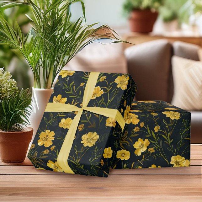 Elegant Gult Butterpe Flower Mönster Presentpapper (Skapare uppladdad)