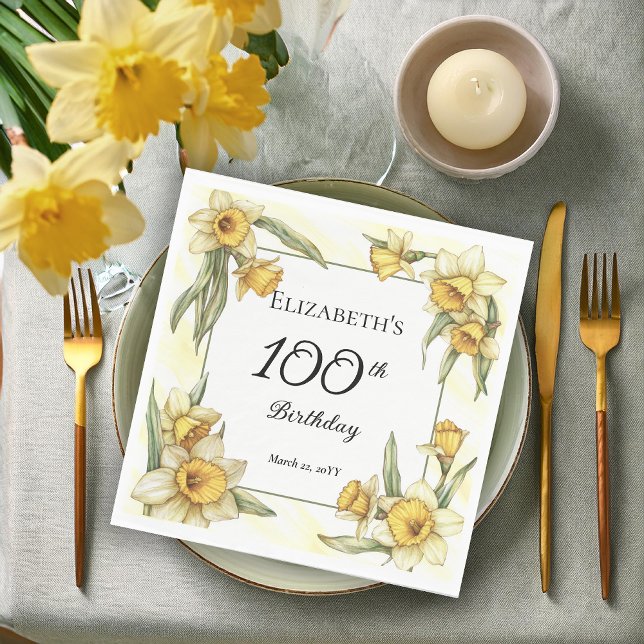 Elegant Gult Daffodils Blommigt 100:e födelsedagen Pappersservett (Elegant Yellow Daffodils Floral 100th Birthday Party Napkins)