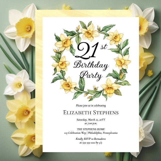 Elegant Gult Daffodils Blommigt 21:a födelsedagen Inbjudningar (Elegant Yellow Daffodils Floral 21st Birthday Party Invitation - Print and/or Digital Download)